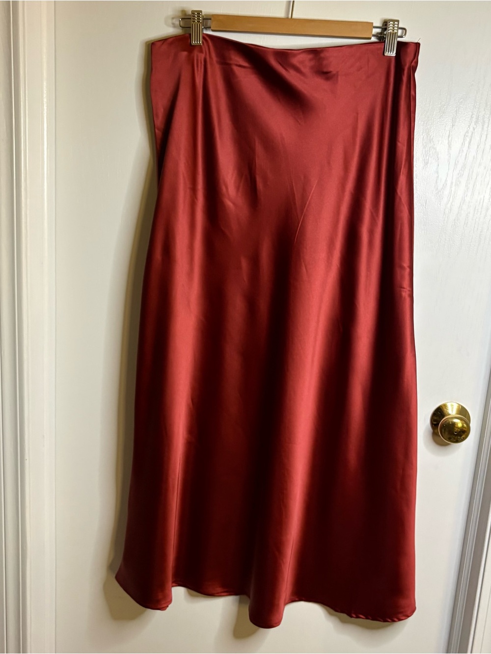 NWOT Rust Satin Polyester A-Line Slip Style Midi Skirt Sz L Minimalist Boho